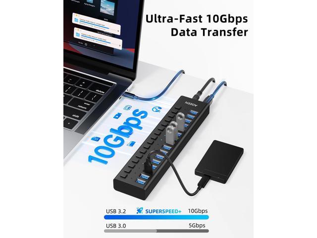 KEHIPI 16-Port USB 3.2 Gen 2 Hub, 10Gbps High-Speed Aluminum Powered Hub with 96W Adapter, Individual Switches & Surge Protection for PC/Laptop,...