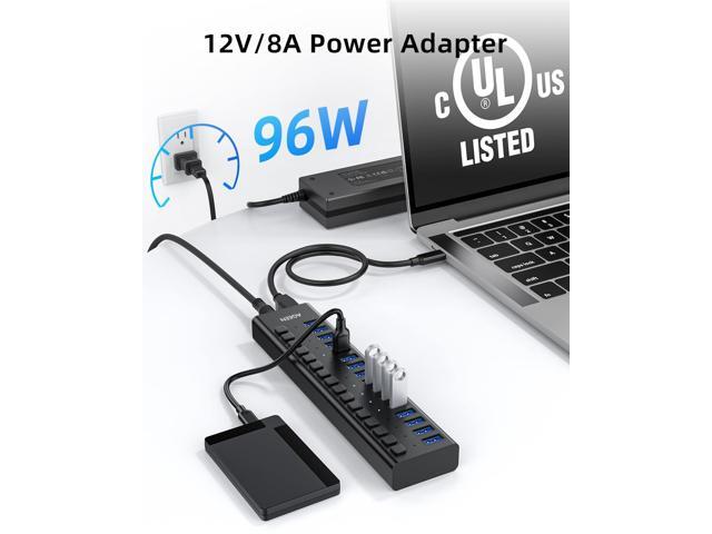 KEHIPI 16-Port USB 3.2 Gen 2 Hub, 10Gbps High-Speed Aluminum Powered Hub with 96W Adapter, Individual Switches & Surge Protection for PC/Laptop,...