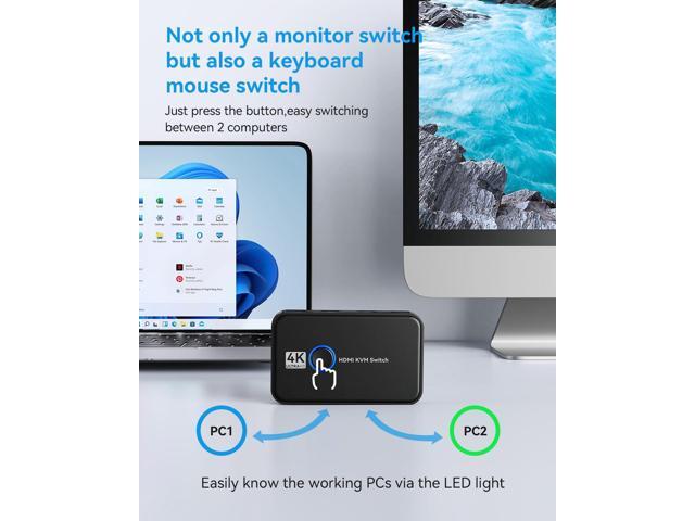 KEHIPI KVM Switch HDMI for 2 Computers Sharing One HD Monitor, Keyboard, and Mouse - Support 4K@60Hz, 2 HDMI Cables, 2 USB Cables, 1 USB C Charge...