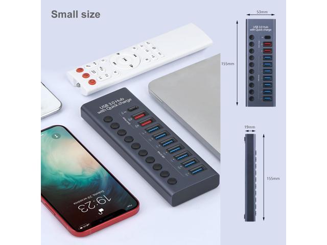 KEHIPI Aluminum USB 3.0 hub with Charging Function, Power Adapter,Individual Power swiches (Silver Gray-10 Ports)