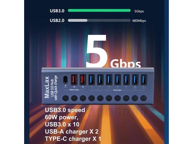 KEHIPI Aluminum USB 3.0 hub with Charging Function, Power Adapter,Individual Power swiches (Silver Gray-10 Ports)