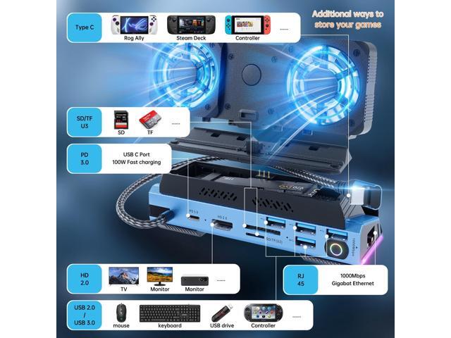 KEHIPI Detachable Dual Cooling Fans 16 in 1 Steam Deck Docking Station with 4K@60Hz 4 USB Ports,1000Mbps,SD/TF Slot,USB-C 100W PD,HDMI,M.2 NVMe...
