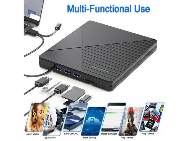 KEHIPI External CD DVD Drive for Laptop Mac with 3 USB Ports and 2 TF/SD Card Slots,USB 3.0 & USB-C CD DVD Optical Disc Reader Burner Player...