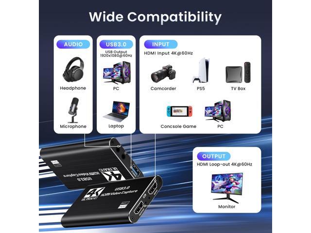 KEHIPI HDMI Capture Card, 1080P 60FPS USB 3.0 Video Capture Device for Streaming, Compatible with Switch, PS5, PS4, Xbox, Camera, PC