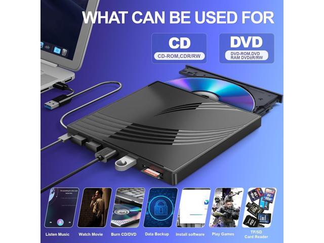 KEHIPI External CD/DVD Drive for Laptop with Carrying Case,DVD Player for Laptop,Portable CD Burner with 4 USB Ports, 2 TF/SD Card Slots,CD Disk...