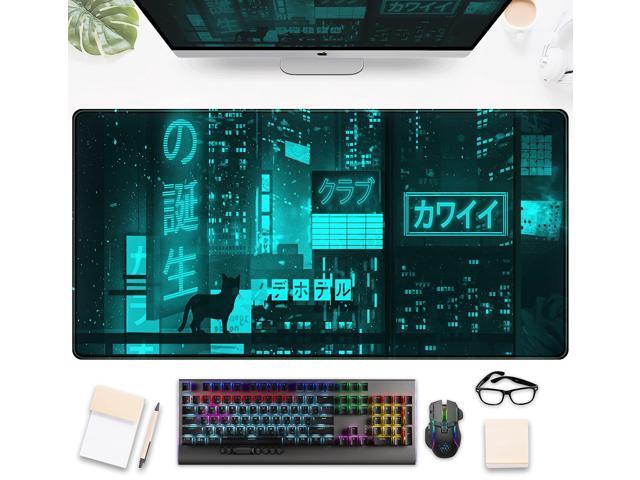 KEHIPI Cyan Green Japanese Desk Mat, Neon Tokyo Extended Mouse Pad Anime Cat Desk Pad, Gaming Mousepad XXL, Large Keyboard Mat for Gamers, Cool...