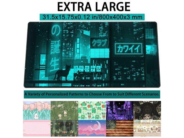 KEHIPI Cyan Green Japanese Desk Mat, Neon Tokyo Extended Mouse Pad Anime Cat Desk Pad, Gaming Mousepad XXL, Large Keyboard Mat for Gamers, Cool...