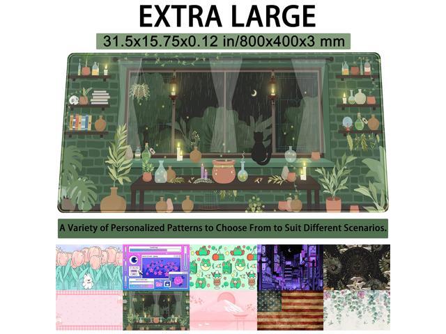 KEHIPI Cute Rainy Night Desk Mat Green Plants Desk Pad, Anime Black Cat Kawaii Large Gaming Mouse Pad,Moonlight Fireflies Deskmat Aesthetic...