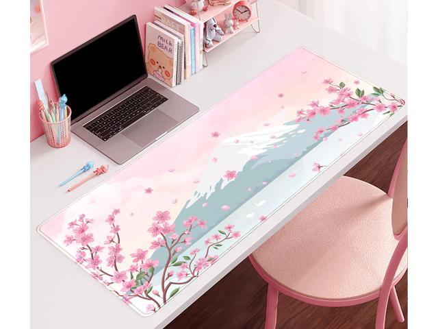 KEHIPI Japanese Desk Mat Pastel Pink Cherry Blossom Mouse Pad Mt Fuji Japan Large Gaming Anime Mousepad XXL 31.5x15.75 in, Kawaii Aesthetic Flower...