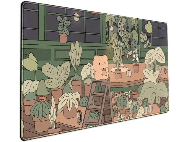 KEHIPI Cute Desk Mat Kawaii Bear Mousepad Cute Anime Plant Desk Protector, Kawai Aesthetic Brown and Green Forest Keyboard Mat, Large Mouse Pad XXL...