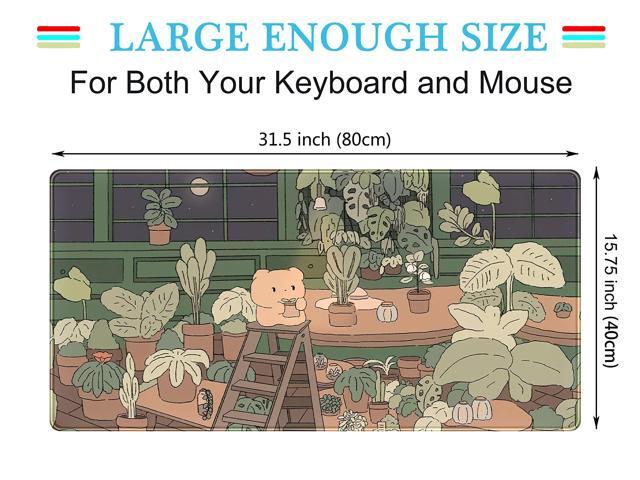 KEHIPI Cute Desk Mat Kawaii Bear Mousepad Cute Anime Plant Desk Protector, Kawai Aesthetic Brown and Green Forest Keyboard Mat, Large Mouse Pad XXL...