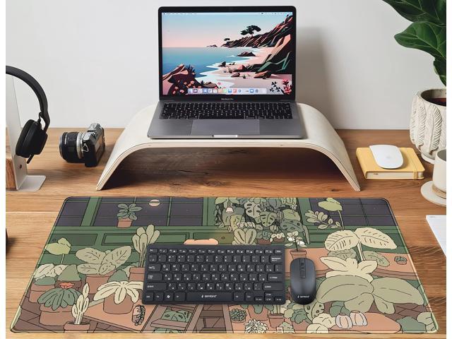 KEHIPI Cute Desk Mat Kawaii Bear Mousepad Cute Anime Plant Desk Protector, Kawai Aesthetic Brown and Green Forest Keyboard Mat, Large Mouse Pad XXL...