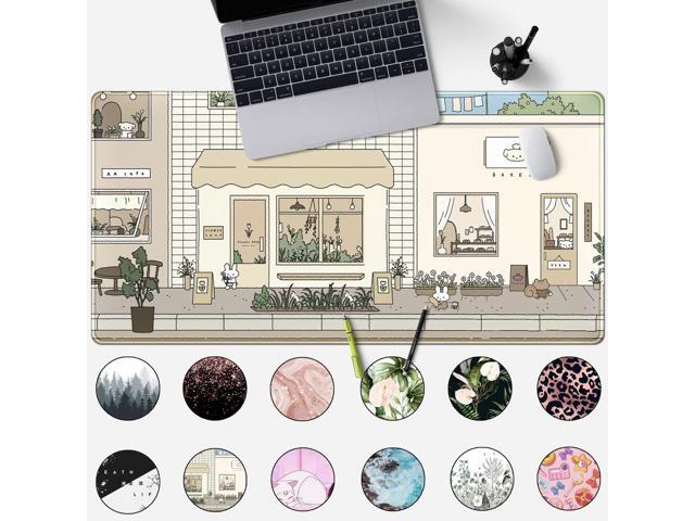 KEHIPI Cute Desk Mat Kawaii Mousepad Bunny and Bear Cute Anime Japanese Street Pastel Beige Brown and Green Mouse Pad, Extra Large Deskmat Cut...
