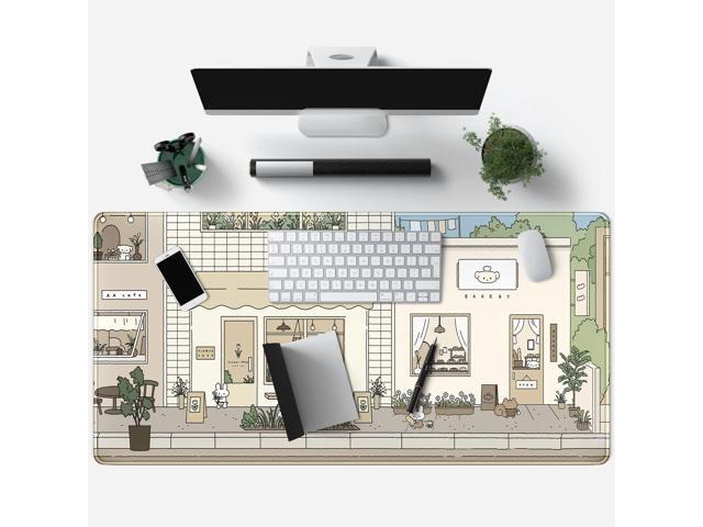 KEHIPI Cute Desk Mat Kawaii Mousepad Bunny and Bear Cute Anime Japanese Street Pastel Beige Brown and Green Mouse Pad, Extra Large Deskmat Cut...