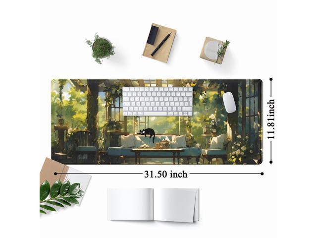KEHIPI Cute Cat Desk Mat Green Plants Aesthetic Desk Pad Anime Kawaii Gaming Mouse Pad Large Mousepad Extended XL Laptop Keyboard Mouse Mat...