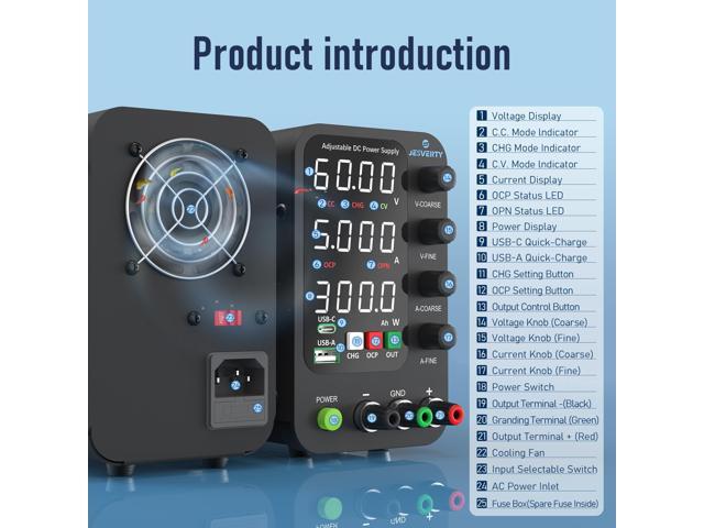 KEHIPI DC Power Supply Variable, 0-60V 0-5A Switching Bench Power Supply with Intelligent Charging Mode, 20W USB & Type-C Quick-Charge, Encoder...