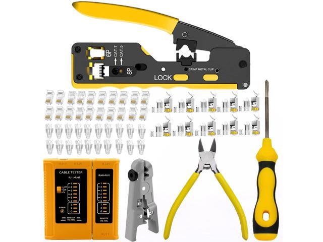 KEHIPI rj45 Crimp Tool Kit, Pass Through Cat7 Cat6A Cat6 Cat5e Cat5 rj45 Crimping Tool with 10PCS Cat7 Shielded Connectors 10PCS Covers 20PCS Cat6...