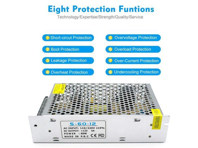 KEHIPI 12V 60W LED Power Supply, DC Switching Power Supply, 100-240V AC to DC 12 Volt LED Driver, Converter, 5A 60W Transformer for LED Strip...