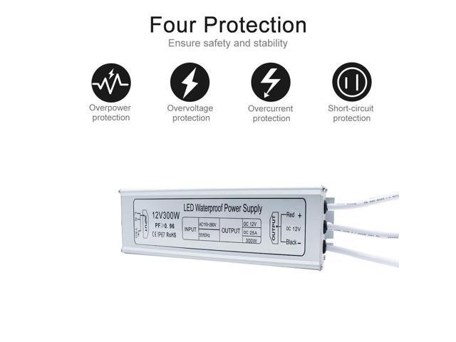 KEHIPI 12V Power Supply, 300W IP67 Waterproof LED Power Supply, AC 110-260V to DC 12 Volt 25A Low Voltage Transformer, LED Driver with 3-Prong Plug...