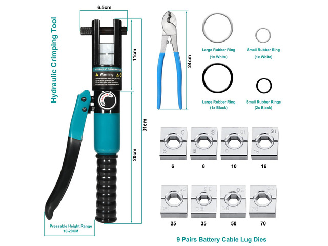 10 Tons Hydraulic Crimping Tool and Cable Cutter Hydraulic Crimper, Battery Cable Crimper Tool for 12 AWG to 2/0 AWG Battery Terminals, with 9 Dies