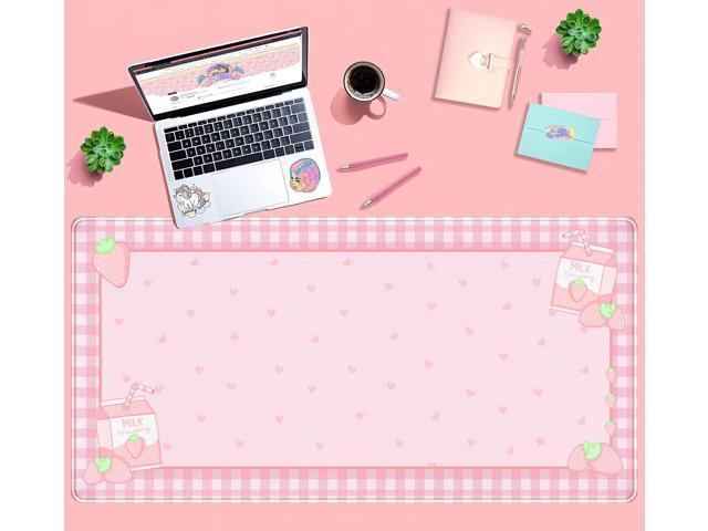 KEHIPI Cute Pink Plaid Desk Mats Strawberry Milk Gaming Desk Pad,Kawaii Extended Mouse Pad Kawaii Large Keyboard Mats XXL,Laptop Mat for Desk,...