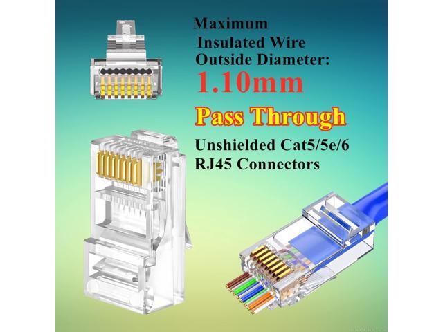 KEHIPI 100-PACK Cat5 Cat5e Cat6 RJ45 Pass Through Connectors Ends, 1.1mm Unshielded Connectors for Solid Wire and Standard Cable