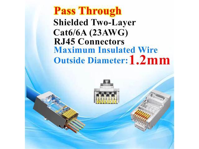 KEHIPI 100-Pack Cat6 Cat6A RJ45 Pass Through Connectors Ends, 1.2mm Shielded Connectors for 23AWG Solid Wire and Standard Cable