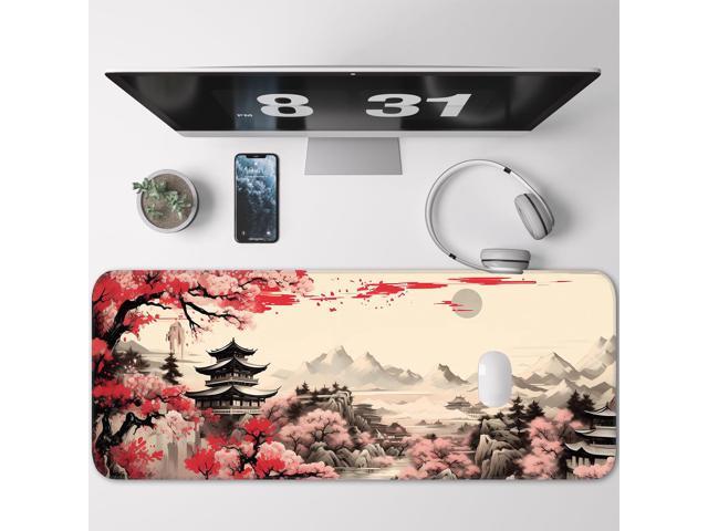 KEHIPI Japanese Sakura Gaming Mouse Pad, Non-Slip Rubber Base, Stitched Edges, for Office, Gaming, Home, 31.5x11.8 Inch, Desktop Decoration