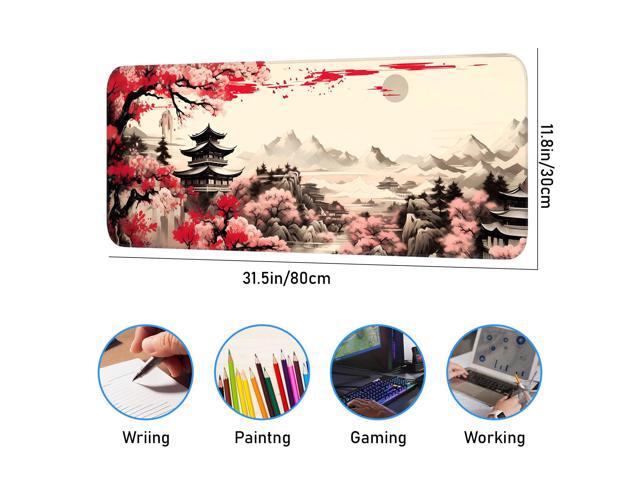 KEHIPI Japanese Sakura Gaming Mouse Pad, Non-Slip Rubber Base, Stitched Edges, for Office, Gaming, Home, 31.5x11.8 Inch, Desktop Decoration