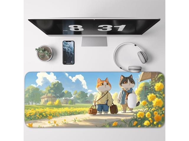 KEHIPI Cute Cat Mouse Pad, Non-Slip Rubber Gaming Mouse Pad with Seam Edge for Gaming, Office, Laptop, 31.5 x 11.8 Inch, Anime Cat Desk Mat