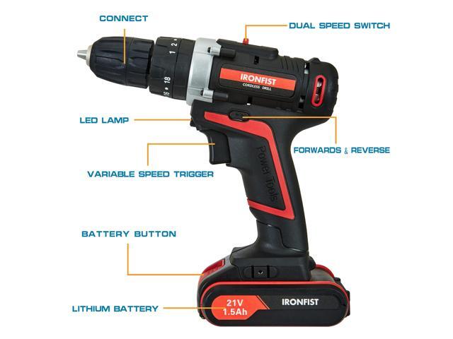 KEHIPI Cordless Drill, Screwdriver Impact Power Tools 21V Lithium Battery 3/8inch Keyless Chuck Led Light 2 Speed Driver