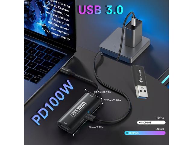 KEHIPI 4K USB3.0 Video Capture Card with PD 100W, 2K@30FPS or 1080P@60FPS HDMI to USB-A/C Capture Card for Streaming, Works with iPad Quest 3, Mac...