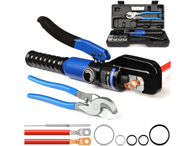 Hydraulic Crimping Tool 10 Ton with 9 Hex-Dies, 122/0 AWG Battery Cable Crimper with Cable Cutter for Copper, Aluminum Cable Lugs