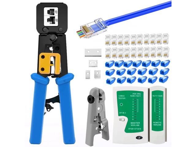 KEHIPI RJ45 Crimp Tool Kit Pass Through, Cat5 Cat5e Cat6 RJ45 Ethernet Crimping Tool with 20PCS Cat6 1.1mm Pass Through Connectors, 20PCS Covers,...