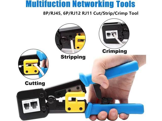 KEHIPI RJ45 Crimp Tool Kit Pass Through, Cat5 Cat5e Cat6 RJ45 Ethernet Crimping Tool with 20PCS Cat6 1.1mm Pass Through Connectors, 20PCS Covers,...