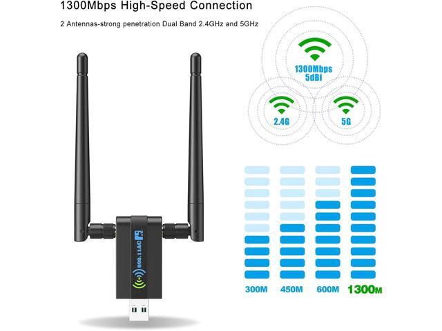 KEHIPI Wireless USB WiFi Adapter for PC: 1300Mbps WiFi USB, 802.11AC WiFi Adapter for Desktop PC, Dual Band WiFi Dongle Wireless Adapter for...