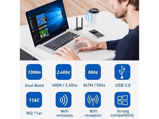 KEHIPI USB WiFi Adapter for PC - 1300Mbps USB 3.0 WiFi Dongle, 2.4G/5G Dual Band Wireless WiFi Adapter for Desktop PC, Supports Windows...