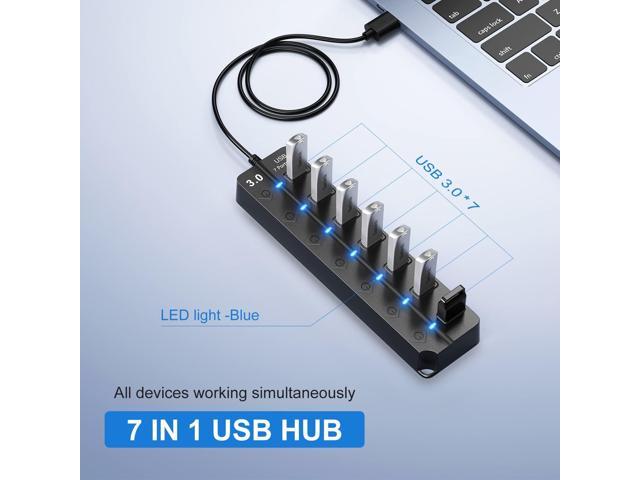 KEHIPI USB Hub 3.0, 7-Port USB Hub Splitter with Individual On/Off Switches and Lights, 3.2ft/1m Long Cable Compatible with MacBook, Laptop,...