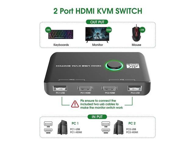 4K KVM Switch HDMI 2 Port Box,KEHIPI USB HDMI Switches for 2 Computers Share Keyboard Mouse Printer and one HD Monitor, Support 4K@60Hz, with 2 USB...