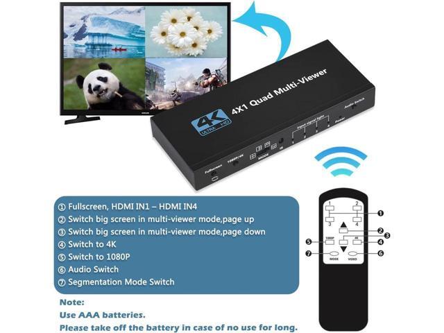 HDMI Multiviewer Switch 4x1, KEHIPI Quad Seamless Switcher 4 in 1 Out with IR Remote Control, Support 4K Full HD and 5 Display Modes for Security...