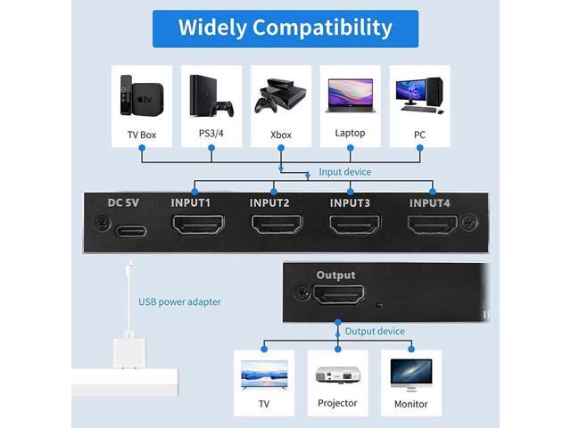 KEHIPI 8K HDMI 2.1 switch 4 in 1 out with IR remote control, HDMI 2.1 switch 4 ports 8K@60Hz 4K@120Hz 4 in 1 out HDMI hub 3D 1080P HDCP2.3 CEC for...