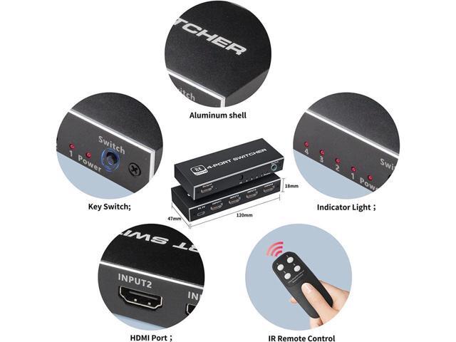 KEHIPI 8K HDMI 2.1 switch 4 in 1 out with IR remote control, HDMI 2.1 switch 4 ports 8K@60Hz 4K@120Hz 4 in 1 out HDMI hub 3D 1080P HDCP2.3 CEC for...