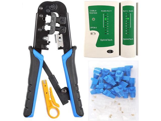 KEHIPI Crimp Tool Kit RJ45, 50 PCS RJ45 Connectors, 50 PCS Covers, 1 Cat5 Cat5e Ethernet Crimping Tool, 1 RJ45 Tester and 1 Mini Wire Stripper,...