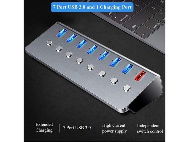KEHIPI USB 3.0 Hub 8 Ports, 5V/3A Power,Support 7 USB 3.0 Simultaneous Inputs and One USB Charging Port, Independent Switch with LED, Metal Case...
