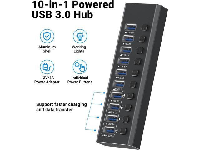 KEHIPI Powered USB 3.0 Hub, 10-Port Powered USB Hub 3.0 with Individual Switch, Aluminum Alloy Fast Charging USB 3.0 Hub Expander Compatible with...