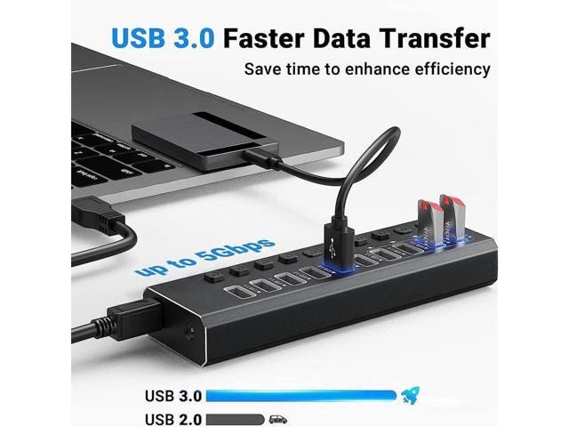 KEHIPI Powered USB 3.0 Hub, 10-Port Powered USB Hub 3.0 with Individual Switch, Aluminum Alloy Fast Charging USB 3.0 Hub Expander Compatible with...