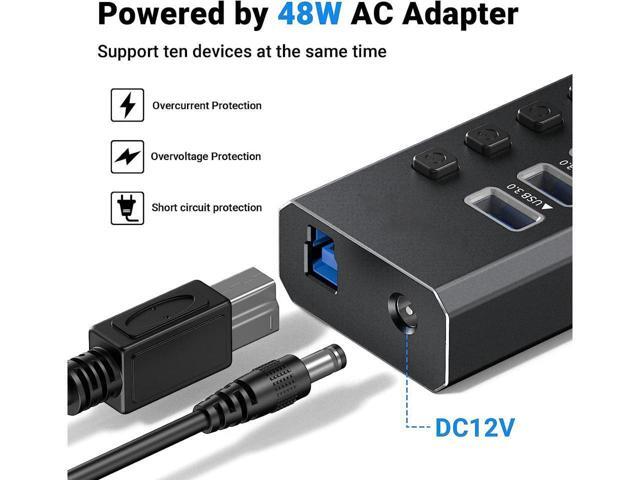 KEHIPI Powered USB 3.0 Hub, 16-Port Powered USB Hub 3.0 with Individual Switch, Aluminum Alloy Fast Charging USB 3.0 Hub Expander Compatible with...