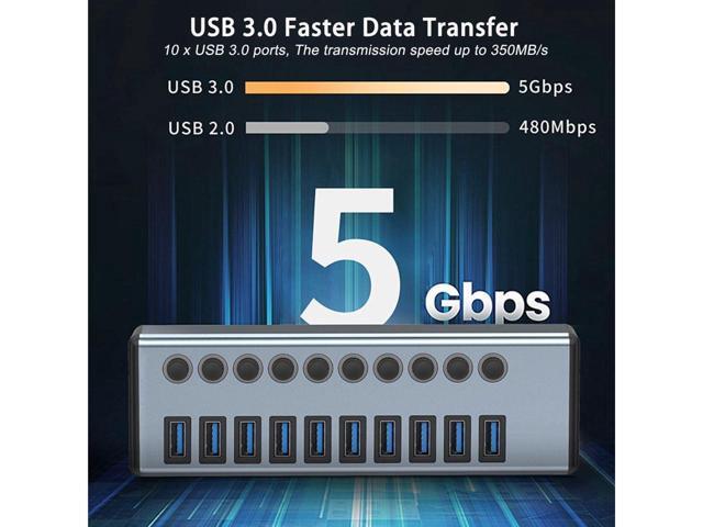 KEHIPI Powered USB Hub 3.0, 10-Port Aluminum USB 3.0 Hub Splitter (Support Smart Charging + Faster Data Transfer) with Individual LED On/Off...