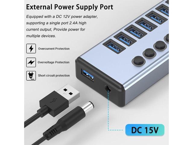 KEHIPI Powered USB Hub 3.0, 10-Port Aluminum USB 3.0 Hub Splitter (Support Smart Charging + Faster Data Transfer) with Individual LED On/Off...