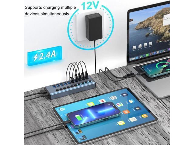 KEHIPI Powered USB Hub 3.0, 10-Port Aluminum USB 3.0 Hub Splitter (Support Smart Charging + Faster Data Transfer) with Individual LED On/Off...